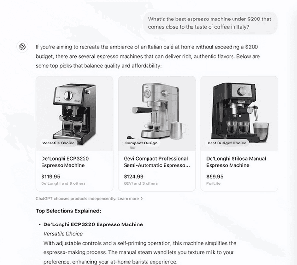 ChatGPT showing product recommendations with citations